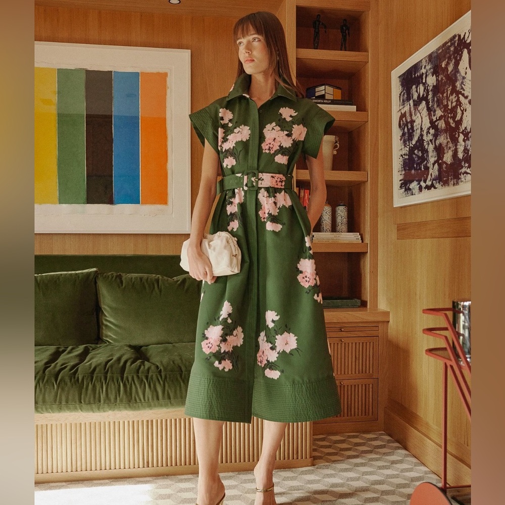 Tuckernuck Olive and Pressed Powder Floral Chloe Dress Size XS